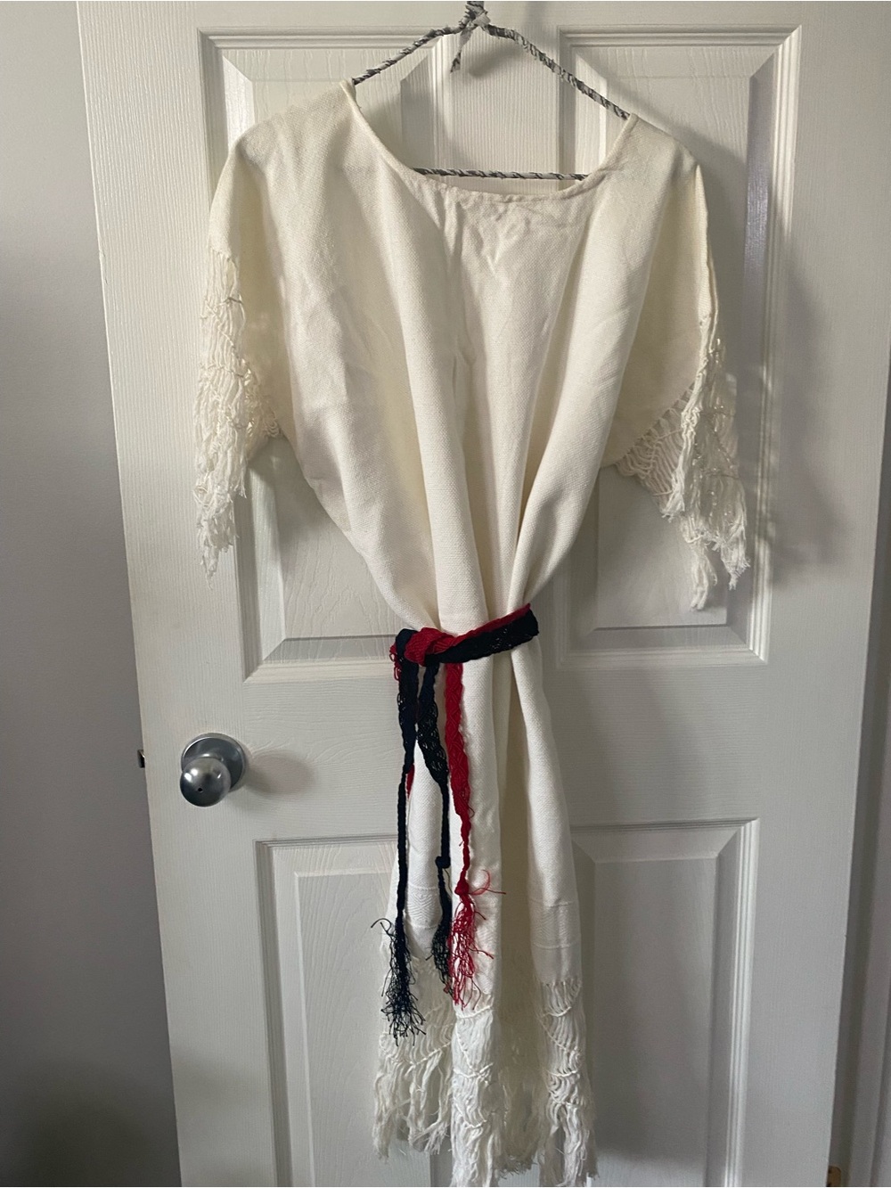 Cream Fringe Midi Dress with Red & Navy Tie Belt